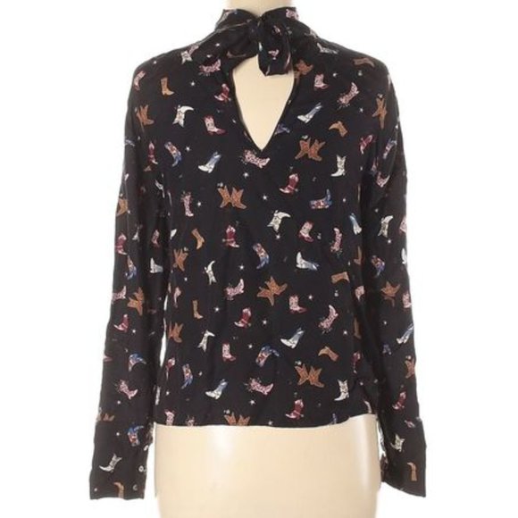 ZARA TRAFALUC Western Cowboy Boot Print Mock Tie Neck Oversized Blouse NWT sz XS - Picture 8 of 15